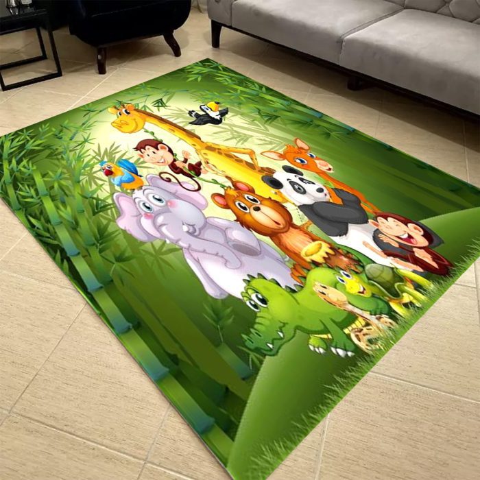 فرشینه مخمل اتاق کودک طرح انمیشن حیوانات در جنگل بامبو کد 40030