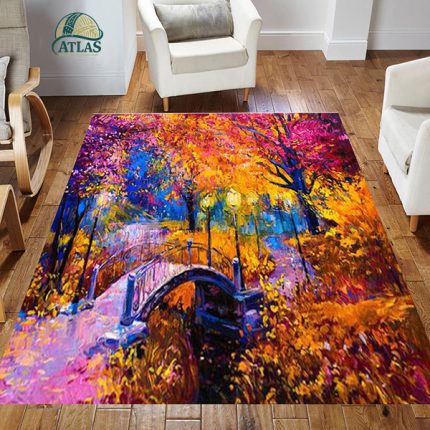 فرشینه مخمل طرح باغ گل و پل سبک رنگ روغن کد 83026