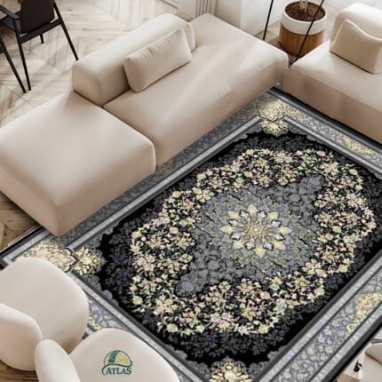 فرشینه طرح فرش تندیس رنگ مشکی طلایی کد 9018