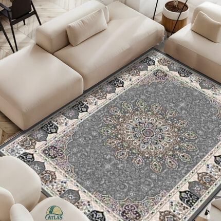 فرش مدرن طرح فرش ترنج دار رنگ نقره ای کد 9084
